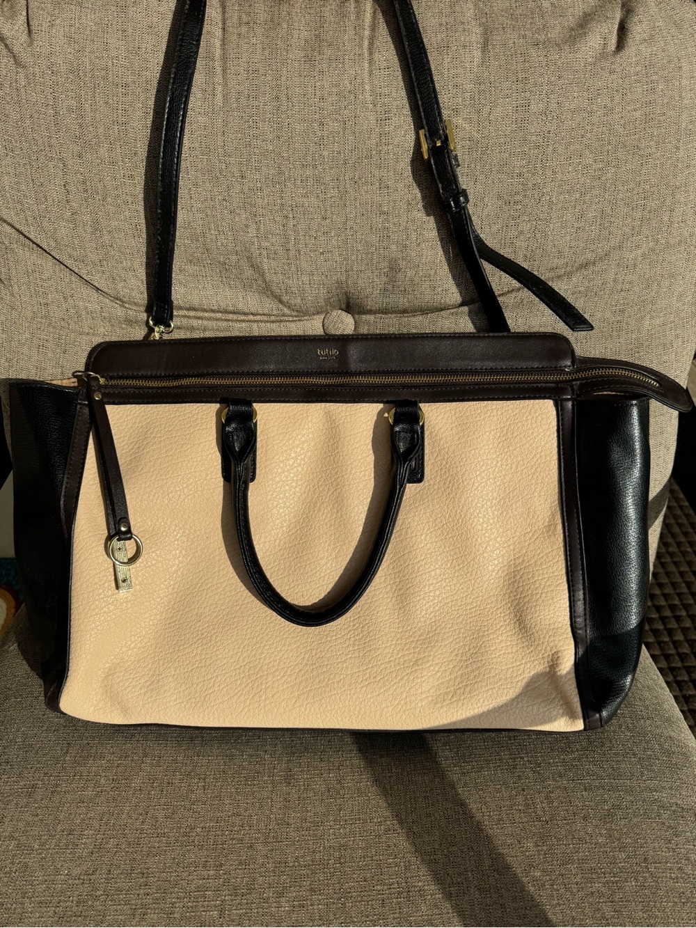 tutilo brand  Two-Tone Beige and Dark Brown Tote with Black Trim